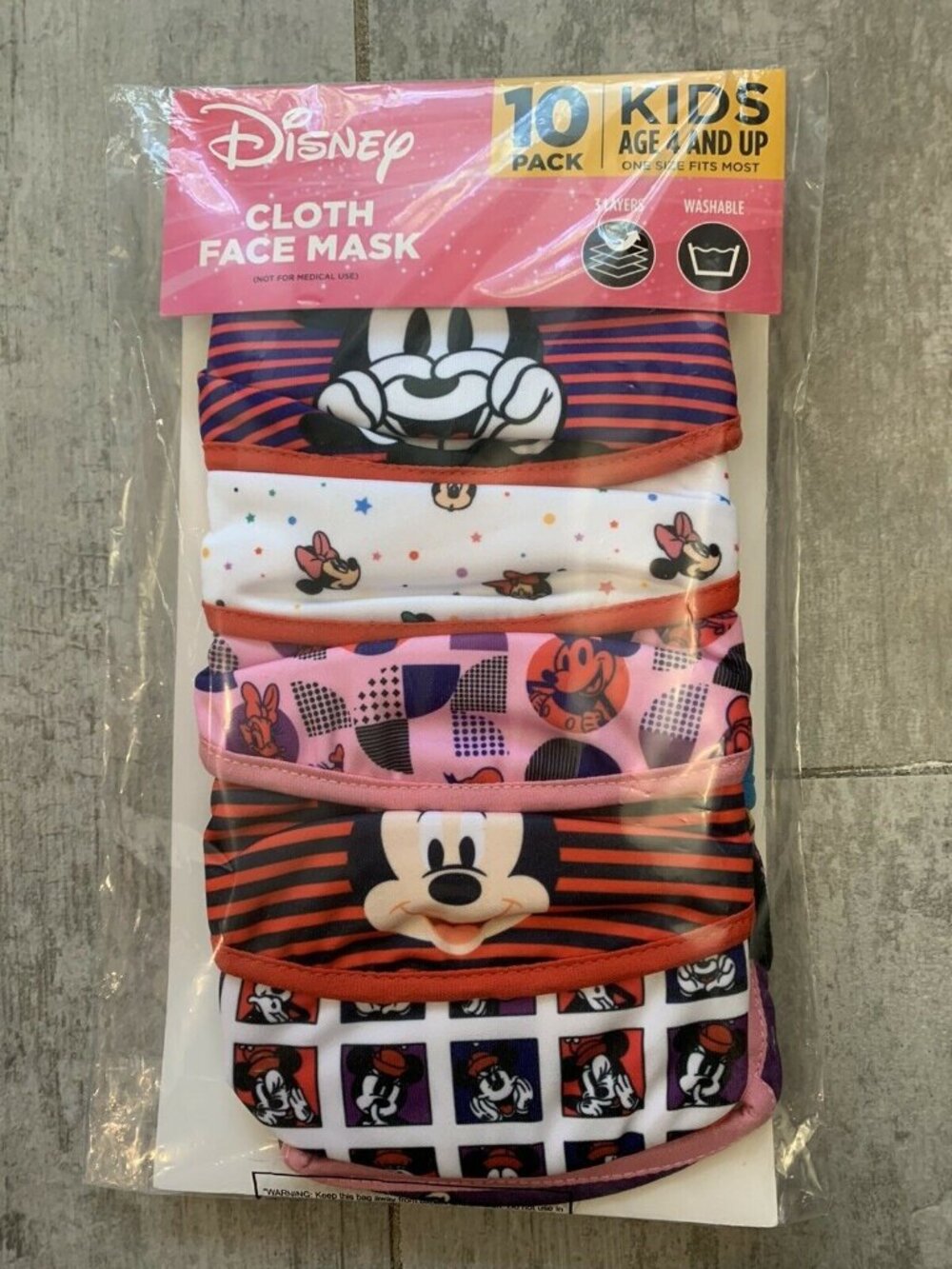 DISNEY 3 Layers Washable Reusable Cloth Face Masks 10 Pack Minnie Mickey Kids